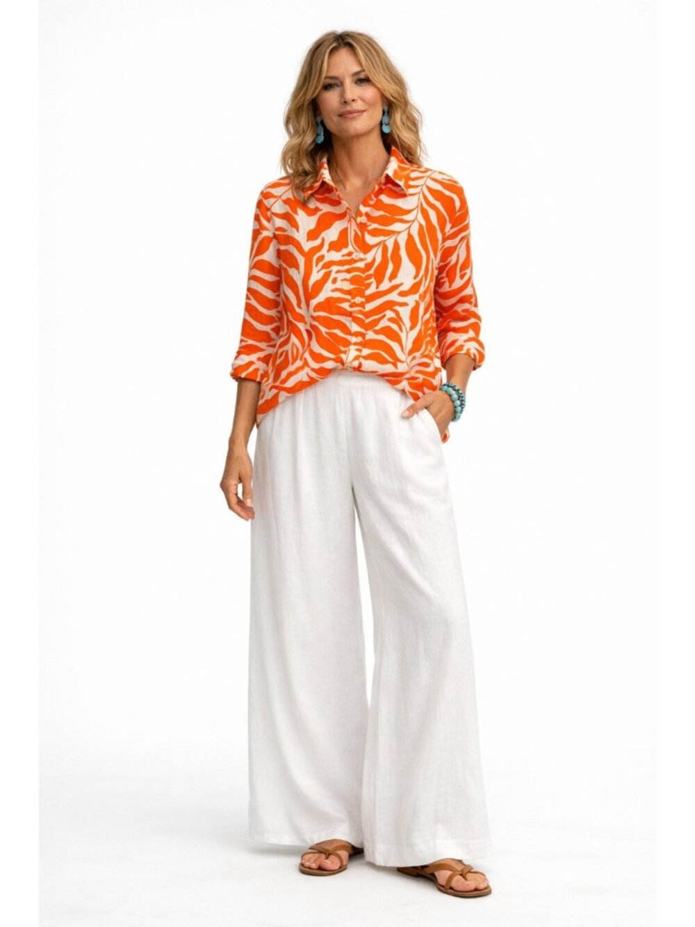 Chicos Orange White Zebra Print 100% Linen Button Shirt 3/4 Sleeves 2 (US 12)
